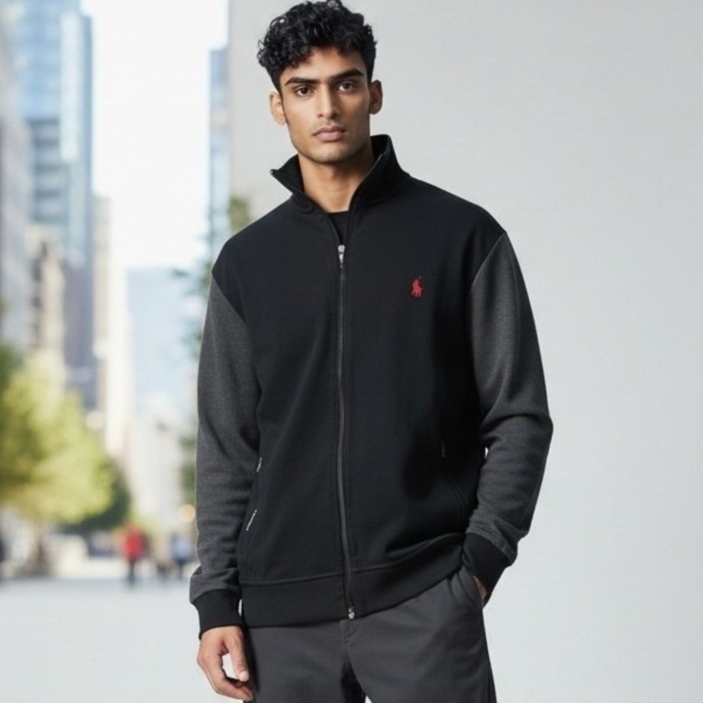 POLO Ralph Performance Zip Track Jacket L Black Gray Colorblock Sporty Casual